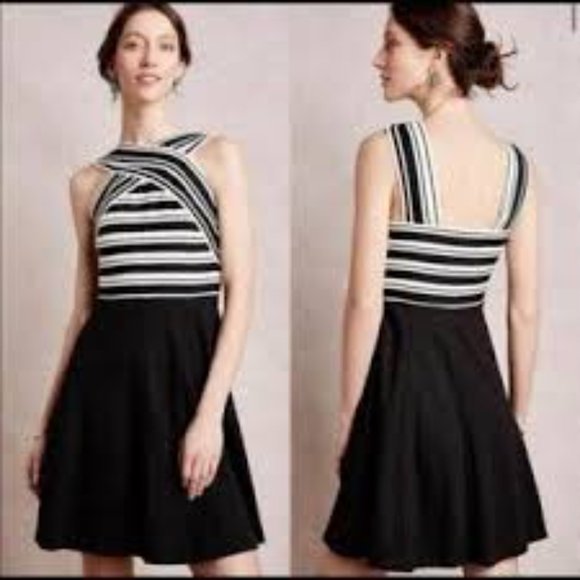 Maeve Anthropologie Dress Black White Bandage Skater Fit and Flare Pockets sz 00 - Picture 1 of 10